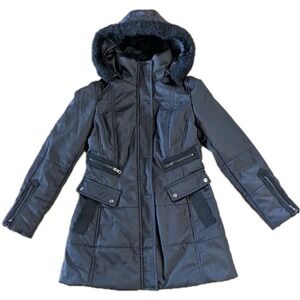 Jessica Simpson Zip Parka Coat Jacket Medium Black Lined FAUX Fur Hood Insulated